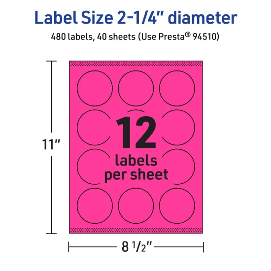 Avery Neon Magenta Paper Labels, 2.25" Diameter Round {5}