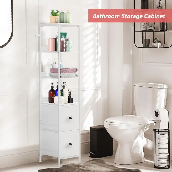 55.9" Tall Bathroom Storage Cabinet Freestanding - Slim Corner Organizer with 2 Drawers & 5 Shelves, Narrow Floor Cabinet for Bathroom, Kitchen, Living Room - White {5}