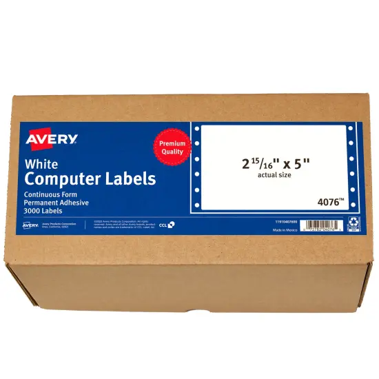 Avery White Computer Labels, 2-15/16" x 5", Dot Matrix Labels and Pin-Feed Labels, 3,000 Total (4076) {1}