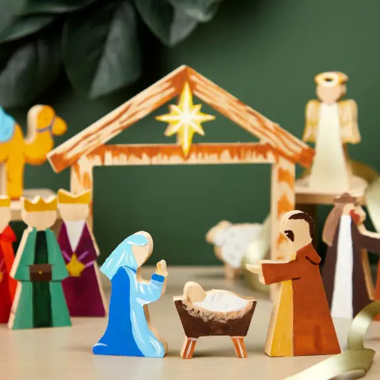 Unfinished Wooden Nativity Scene Set, DIY Christmas Decoration Crafts (11 Pieces) Brown {2}