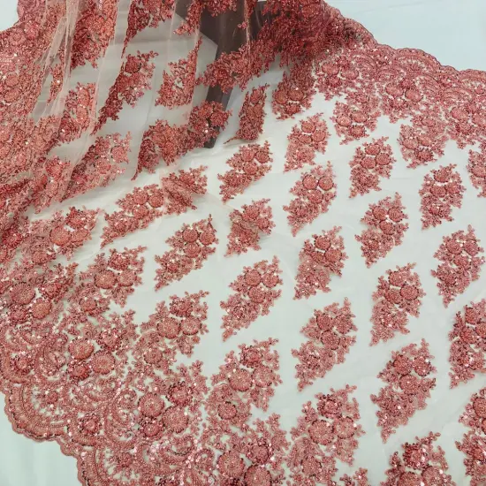 1 Yard Red Beaded Embroidered Lace Fabric on 100% Polyester Mesh, 50" Width Coral {1}