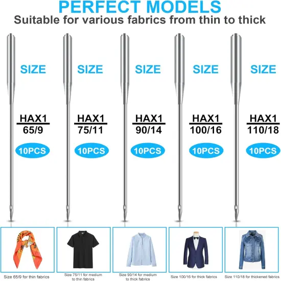 Sewing Machine Needles Set, Universal Standard Needle, Home Sewing Machines Needles, Sizes HAX1 65/9, 75/11, 90/14, 100/16, 110/18, Compatible with Singer, Brother, Janome, Varmax(50 PCS) {2}