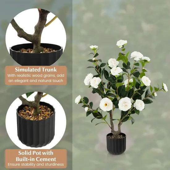 2pcs 38" Artificial Camellia Tree Flower Plant in Yellow Cement White {3}