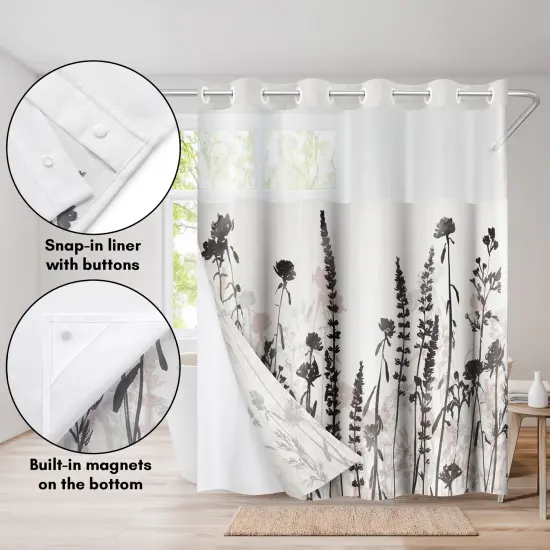 Americanflat 72x75 Hookless Shower Curtain - Floral Cream and Red Shower Curtain with Sheer Panel, Snap-In Liner, and Grommets - 100% Polyester {4}