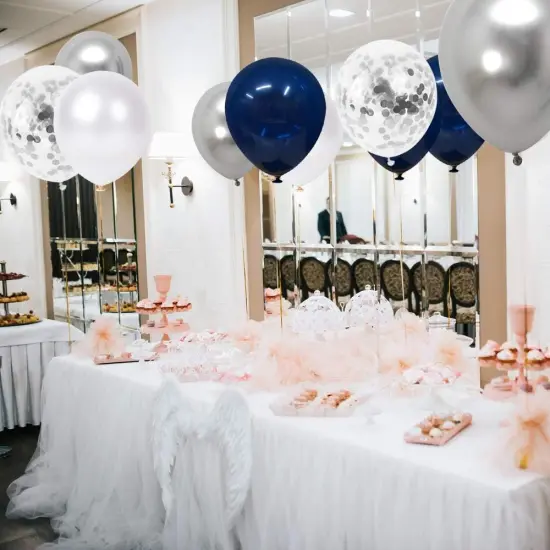 Navy Blue and Silver Confetti Balloons, 50pcs 12 inch Metallic Silver and White Pearl Party Balloons {3}