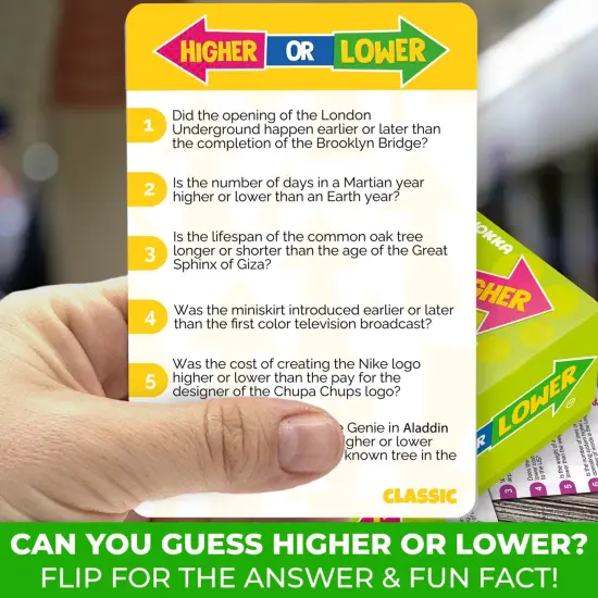 QUOKKA Trivia Board Games for Kids and Adults - Family Night Board Game Cards 4xSet Higher or Lower | Guess Fun Questions | Easy to Learn | 2 + Players - Challenge History, Science, Geography & More {5}