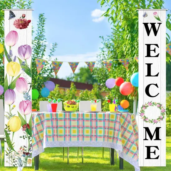 Welcome Banner 2 Pack Spring Door Sign Hanging Banners Welcome Tulip Happy Spring Porch Sign Seasonal Spring Summer Party Decorations for Indoor Outdoor Garden {5}