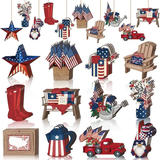 36 Pcs 4th of July Patriotic Ornaments for Tree Wooden Memorial Day Decorations Red White Blue Hanging Ornament {1}
