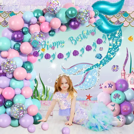 138Pcs Mermaid Birthday Party Decorations, Pink Purple Blue Mermaid Balloon Garland Arch Kit Birthday Banner Cake Topper Tail Shell Balloons Party Supplies {5}