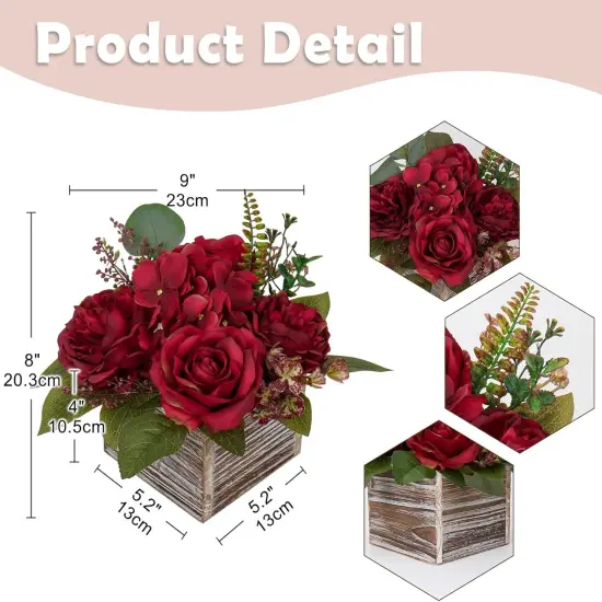 Flower Arrangement with Wooden Vase 8" Artificial Flowers in Pot - Fake Flowers Roses Peonies Hydrangeas in Wooden Vase Potted Artificial Flower Centerpieces for Table Decor Living Room - Red {2}