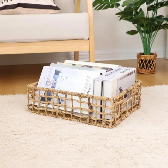 Summer Storage Basket Wicker Baskets for Organizing Hollow Woven Basket with Built-in Handles for Shelves/Pantry 16" x 12" x 5.5" Natural {3}