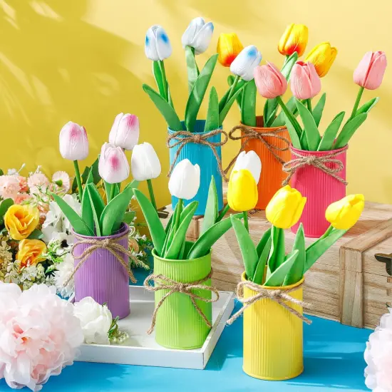 6 Sets Spring Tables Centerpieces Easter Office Decorations Artificial Tulip with Galvanized Metal Pot Colorful Artificial Tulips Flowers Decoration for Home Office Wedding Party Baby Shower {2}