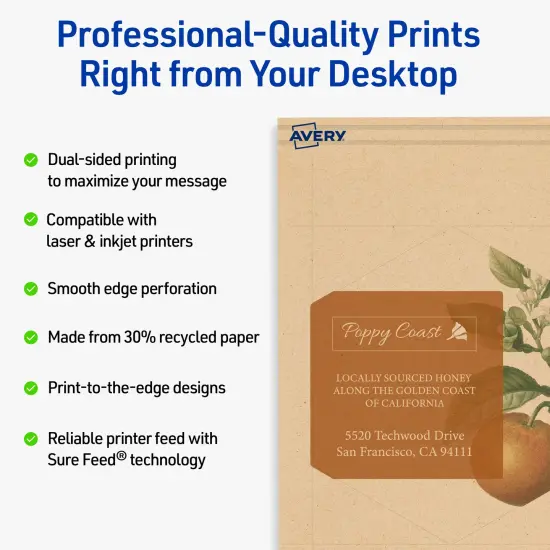 Avery Printable Hexagon Flat Cards, Sure Feed Technology, 3-1/2" x 4", Matte Kraft Brown Cardstock, Print-to-The-Edge, Laser/Inkjet Printable, 40 Total {2}