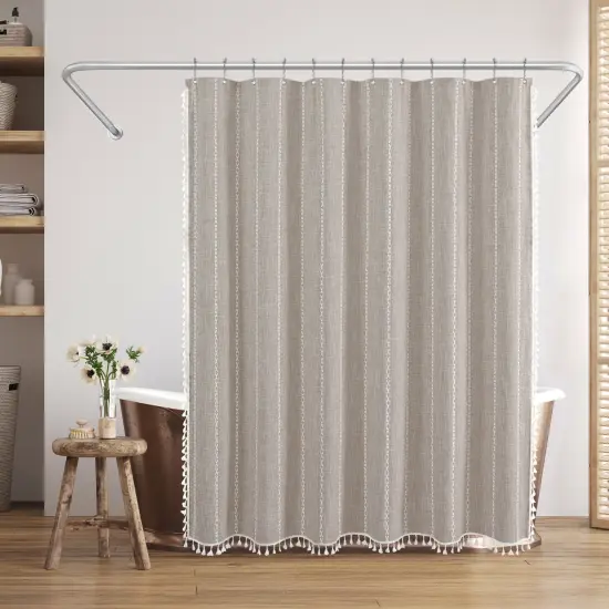 Americanflat 71x71 Woven Linen Shower Curtain with Tassel Accents - Includes 12 Grommets and Hooks - 100% Polyester {1}