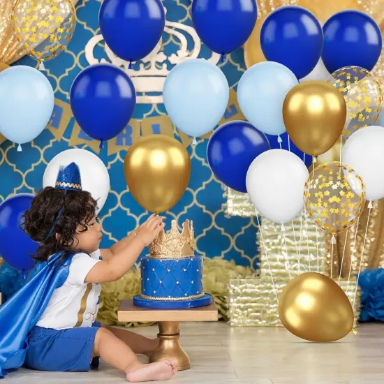 Blue Gold Balloons, 12 Inch Royal Blue and Gold Balloons, Blue and White Gold Balloons Metallic Gold Star Confetti Latex Balloons {4}