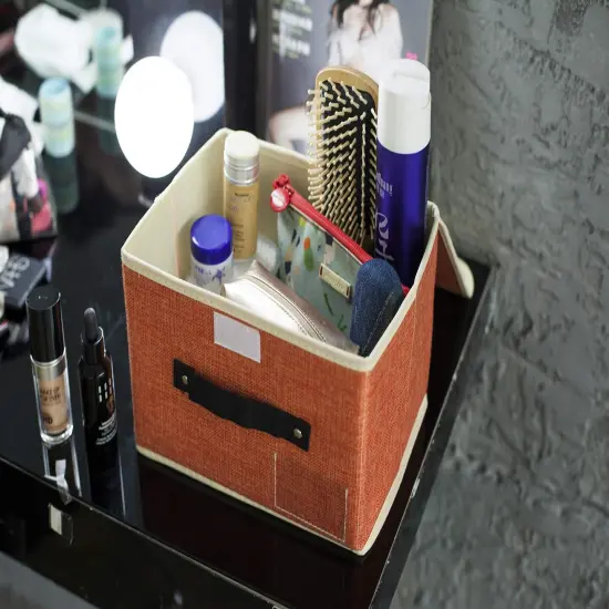 Small Storage Bins with Lids 2 Pack Linen Collapsible Cube Storage Basket with Handle, Jane's Home Foldable Fabric Storage Box with lids for Clothes Closet, Ornament Grey {4}