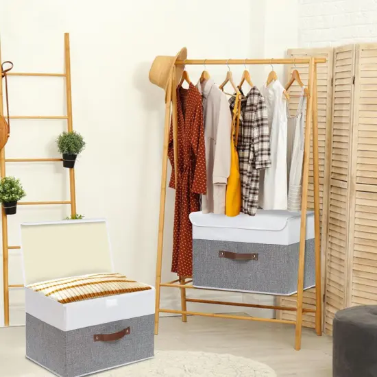 Collapsible Storage Bin, Cube Organizer Basket, Fabric Box with Lids, Washable and Leather Handle, for Home, Closet, White/Grey, 13.0''Lx9.0''Wx7.9''H, 1-Pack, SNK024WGS-1 {3}