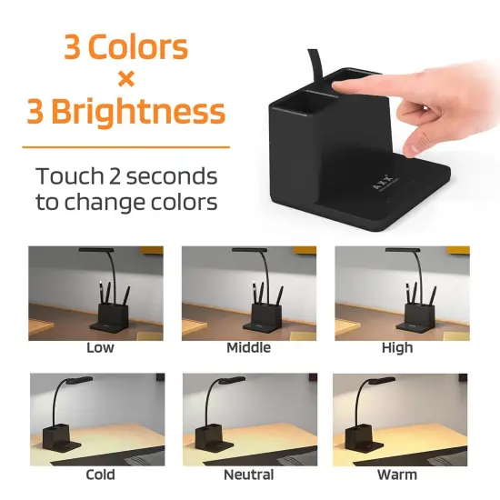 Black LED Desk Lamp for Home Office Bedroom, Battery Operated Table Light for Computer Desktop, Small, Cute, Dimmable, Rechargeable, Flexible Gooseneck, Pen Holder, Phone Mount, Touch Control {6}