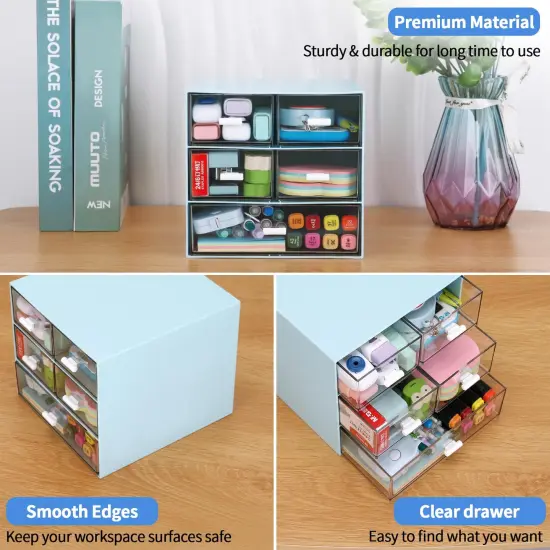 Desk Organizer with 5 Drawers, Rectangular Office Stationery Supplies Desktop Drawers, Plastic Makeup Storage, Suitable for Office, School, Home (Blue & 5 Drawers) {3}