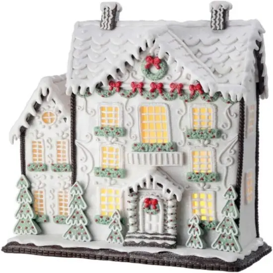 13.5" White Christmas Gingerbread House with LED Lights - Battery Operated with Timer {1}
