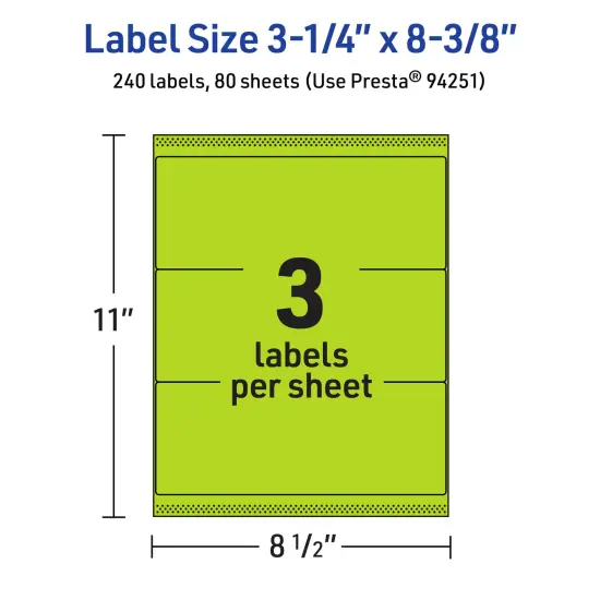 Avery Bright Green Paper Labels, 3-1/4" x 8-3/8" Rectangle {5}