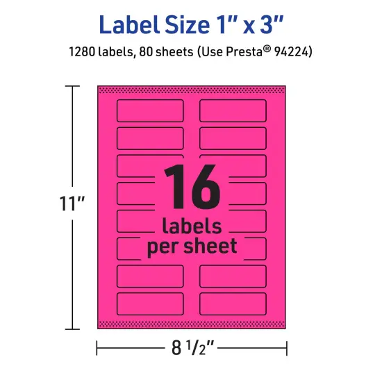 Avery Neon Magenta Paper Labels, 1" x 3" Rectangle {5}