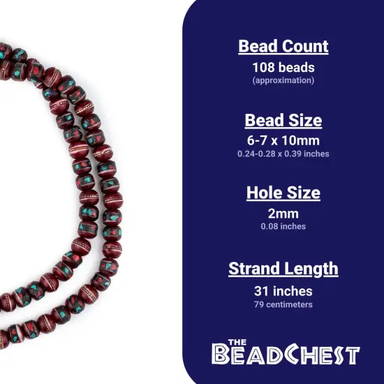 The Bead Chest Crimson Red InlaidBone Mala Beads 10mm Nepal Round Large Hole 31 Inch Strand {5}