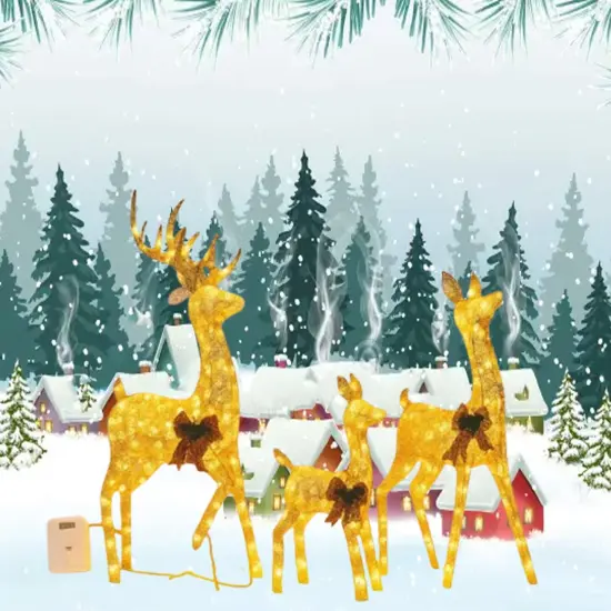 Three Deer Figures, Champagne Cotton Thread, Holiday Decoration 52" + 46" + 29" {4}