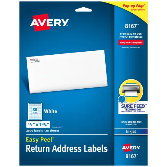 Avery Easy Peel Return Address Labels, Sure Feed Technology, Permanent Adhesive, 1/2" x 1-3/4", 2,000 Labels (8167) {1}