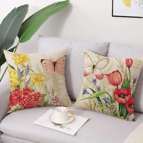 Throw Pillow Covers 16x16 Set of 4 Decorative Spring Pillow Covers Linen Flower Butterfly Farmhouse Pillowcases for Sofa Couch Living Room Outdoor (16" x 16") {2}