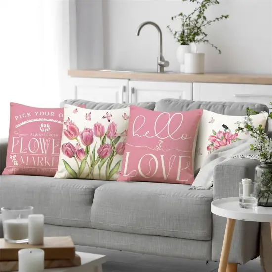 Spring Decorations Pink Tulip Spring Pillow Covers 18x18 Set of 4 Butterfly Flowers Bicycle Throw Pillow Case Hello Love Flowers Market Farmhouse Cushion Cover for Home Sofa Couch {5}