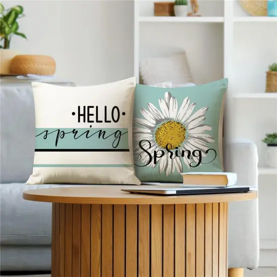 Spring Pillow Covers 18x18 Teal Spring Summer Decorations Hello Spring White Daisy Throw Pillow Covers Summer Sunshine Farmhouse Cushion Case for Sofa Couch Set of 4 {4}