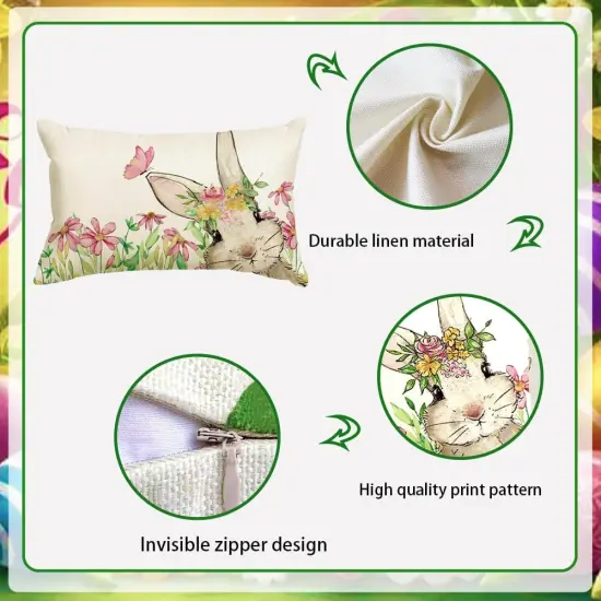 Happy Easter Pillow Covers 12x20in Lovely Double - Sided HD Print Cover Easter Bunny Spring Pillow Covers Case for Indoor Sofa Easter Decorations {2}