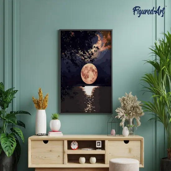 Figured'Art Paint by Numbers Kit for Adults Moon Reflection on the Lake 16"x20" - Craft Art Painting Rolled Canvas with DIY wooden frame {4}