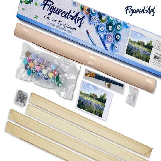 Figured'Art Paint by Numbers Kit for Adults Countryside field and Blue Flowers 16"x20" - Craft Art Painting Rolled Canvas with DIY wooden frame {5}
