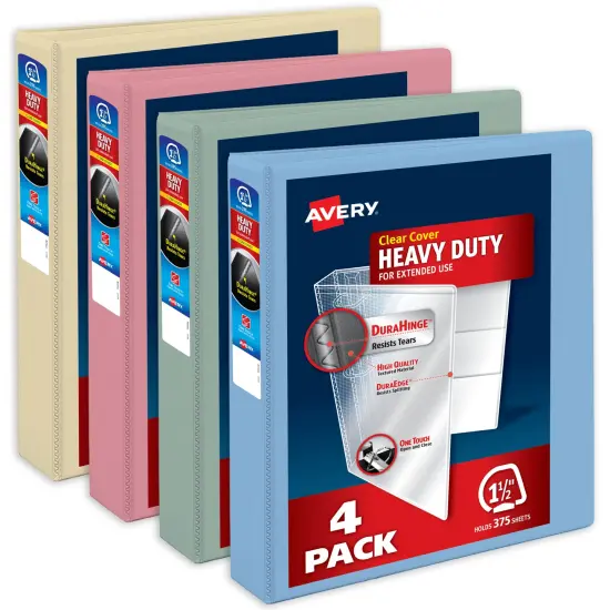 Avery Heavy-Duty View 3 Ring Binders, 1.5 Inch One Touch Slant Rings, 375-Sheet Capacity, DuraHinge, 2.1 Inch Wide Spine, Customizable Clear Cover and Spine, Assorted Pastel Colors (4-Pack of 79634) {1}