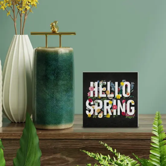 Spring Decor, Rustic Hello Spring Wood Sign Floral Art Decorations Tabletop Shelf Desk Home Decor, 5 X 5 Inches {3}