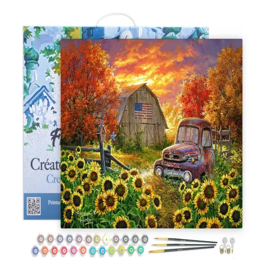 Figured'Art Paint by Numbers Kit for Adults with Frame Sunflowers in front of the barn 16"x20" - Craft Art Painting DIY Kit Canvas Already Stretched on a Wooden Frame {1}