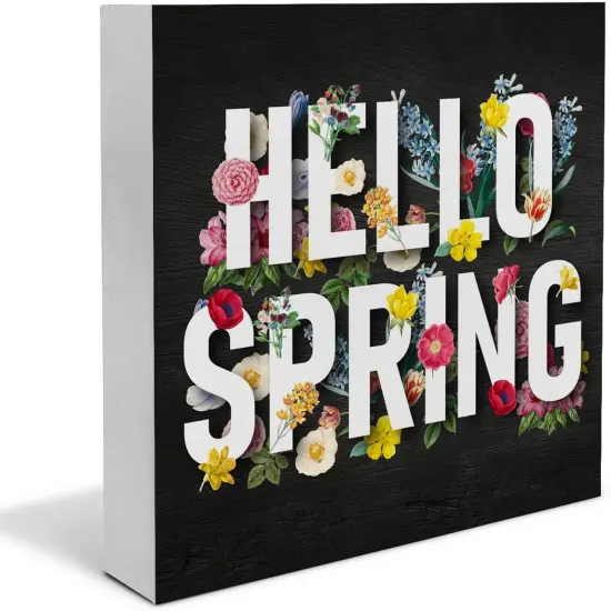 Spring Decor, Rustic Hello Spring Wood Sign Floral Art Decorations Tabletop Shelf Desk Home Decor, 5 X 5 Inches {1}