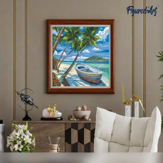 Figured'Art Paint by Numbers for Adults with Frame Boat under the Coconut trees 16"x20" - Craft Art Painting DIY Kit Canvas Already Stretched on a Wooden Frame {4}