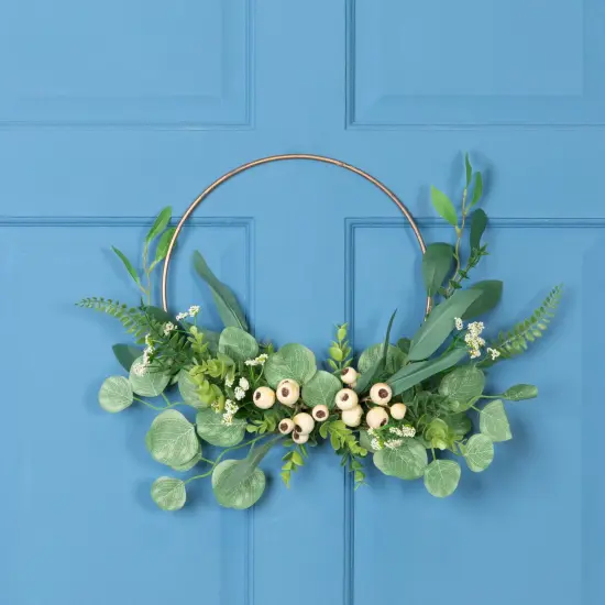 Northlight Eucalyptus Leaf and Fern Golden Ring Artificial Wreath - 30" Green {1}