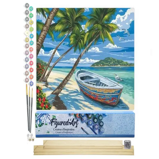Figured'Art Paint by Numbers for Adults Boat under the Coconut trees 16"x20" - Craft Art Painting Rolled Canvas with DIY wooden frame {1}