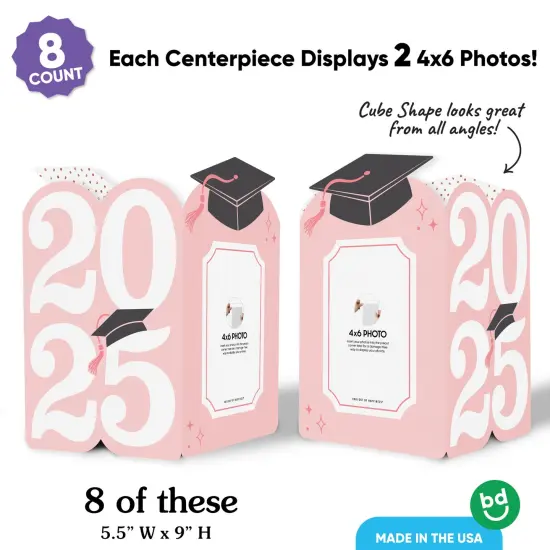Big Dot of Happiness Rose Gold 2025 Graduation Photo Holder Centerpieces, 4x6 Picture Display Box, Table Decoration Centerpiece for Pink Grad Party Decor, 8 Count {4}
