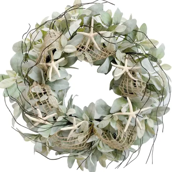18&rdquo; Lamb&rsquo;s Ear & Starfish Wreath &ndash; Rustic Farmhouse Coastal D&eacute;cor {1}