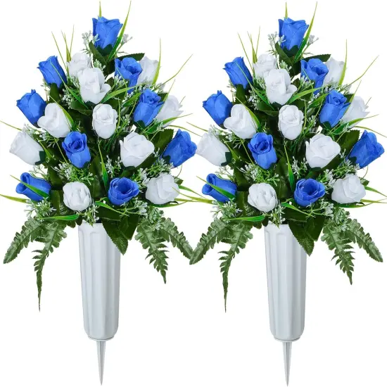 2 Sets Artificial Cemetery Rose Bouquets with Vase &ndash; Memorial Grave Decorations for Lasting Tribute {1}