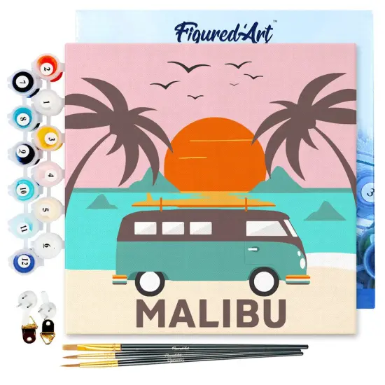 Figured'Art Mini Paint by Numbers Kit for Adults with Frame Malibu Sunset Small format 8"x8" - Craft Art Painting DIY Canvas Already Stretched on a Wooden Frame {1}