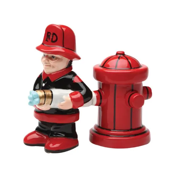 Ceramic Firefighter with Fire Hydrant Salt and Pepper Shakers, Firefighter Gift, Fire Station Decor, Gift for Him {3}