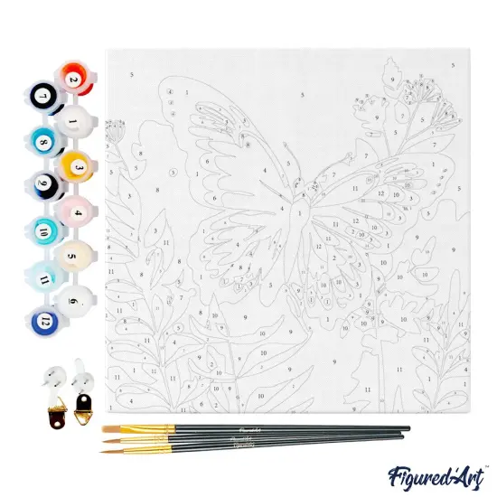 Figured'Art Mini Paint by Numbers Kit for Adults with Frame Tropical Butterfly Small format 8"x8" - Craft Art Painting DIY Canvas Already Stretched on a Wooden Frame {4}