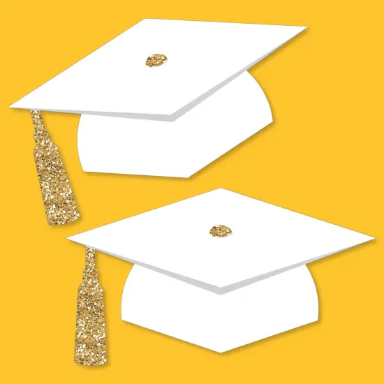 Big Dot of Happiness White and Gold Graduation Cap Decorations, DIY Large Grad Hat Cut-Outs, Double-Sided Grad Party Essentials - Set of 20 {3}