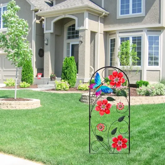 34" Metal Flower & Butterfly Garden Stake – Decorative Outdoor Yard Art for Lawn & Patio (Red) {3}